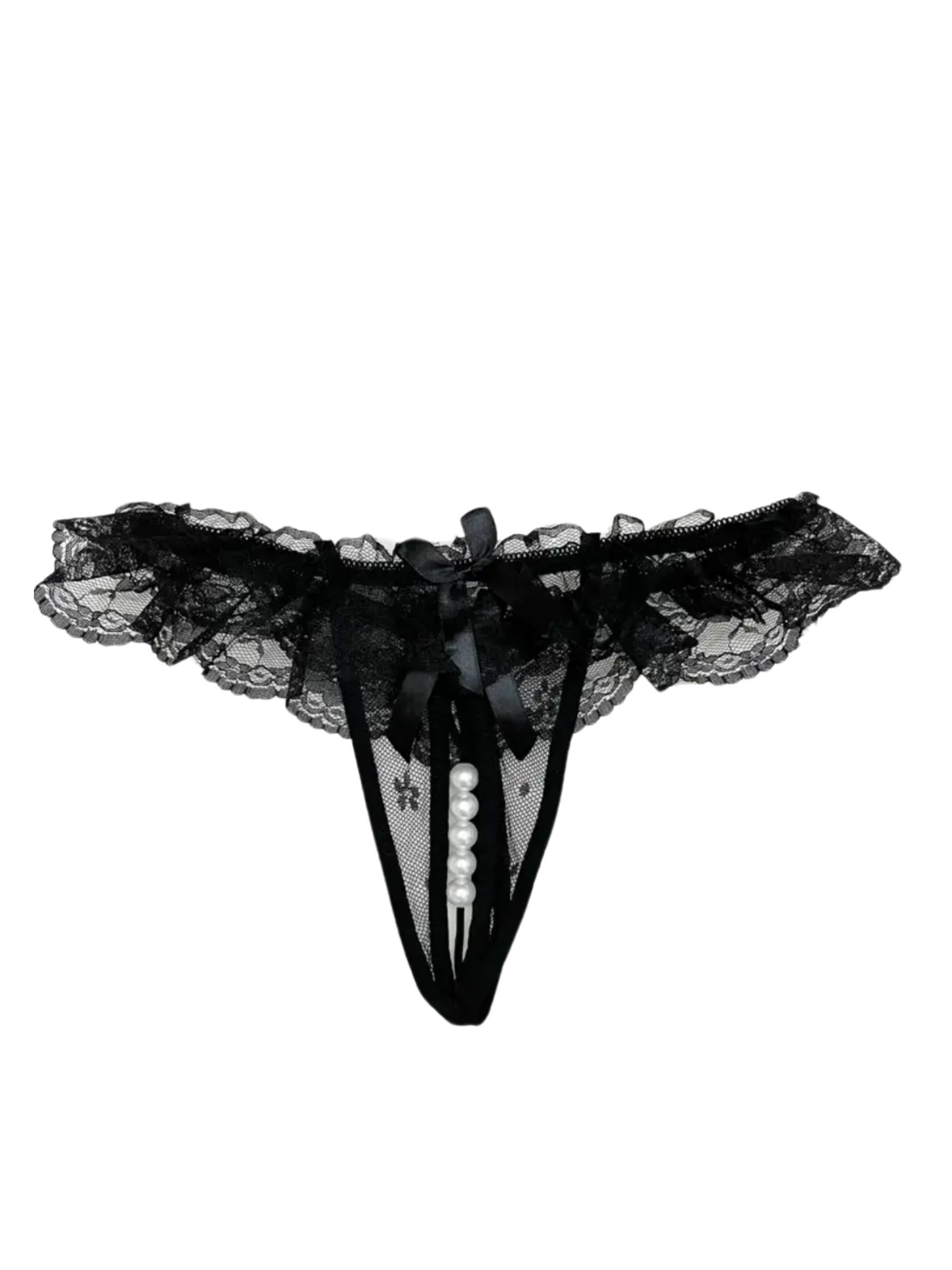 Lace Trim Open Crotch Faux White Pearls