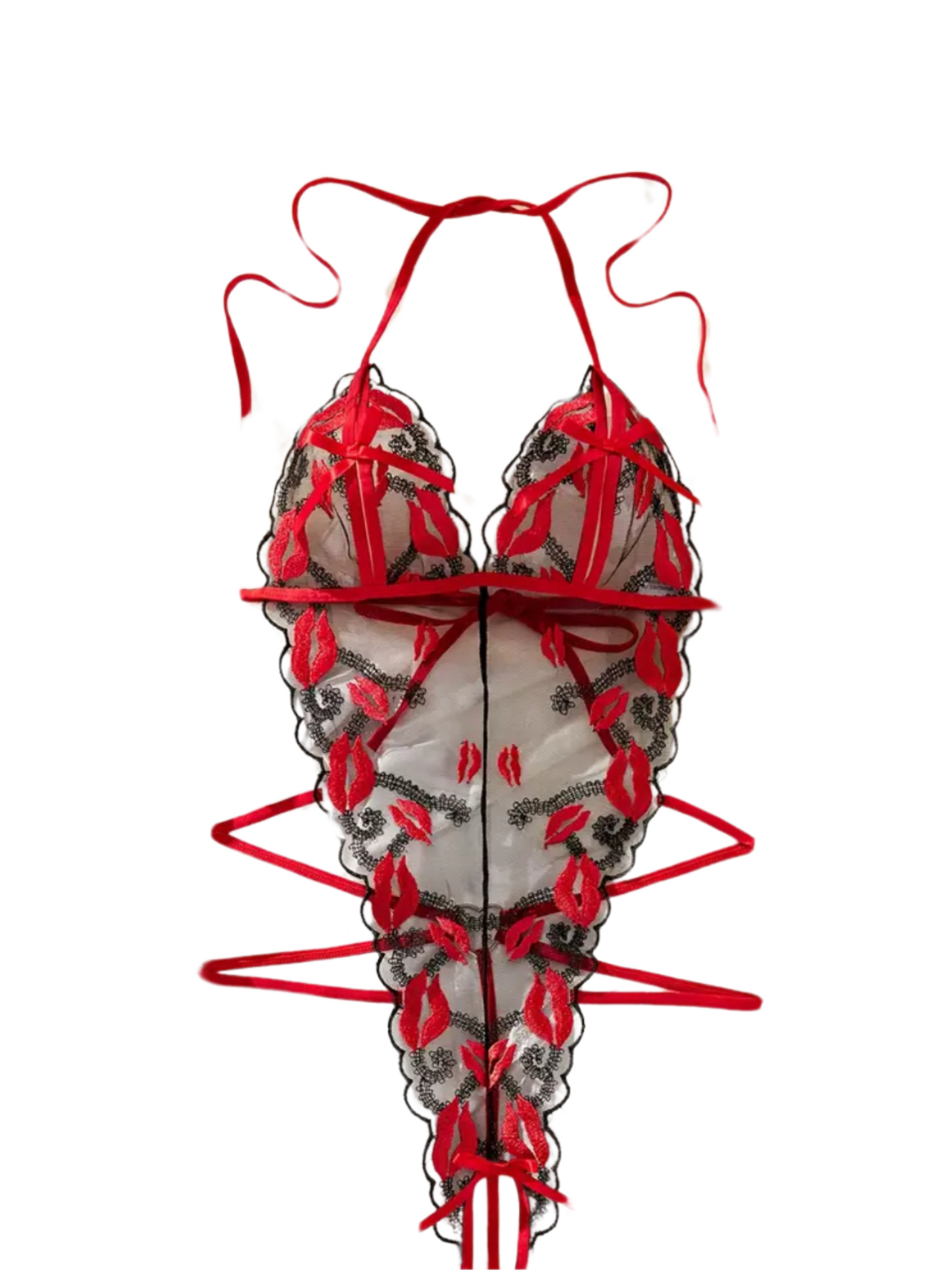 Hot Red Lips Black Mesh Bodysuit