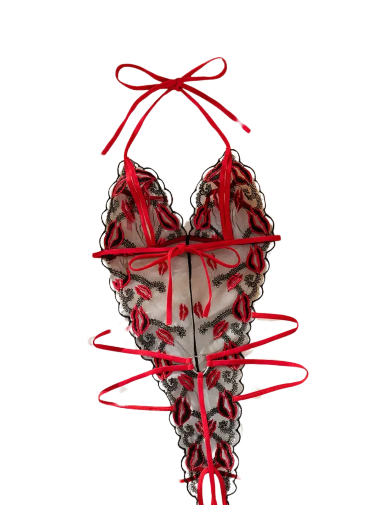 Hot Red Lips Black Mesh Bodysuit