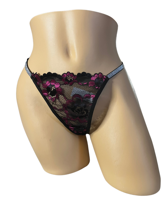 Black Sheer Fuchsia Floral Print G-String Panties
