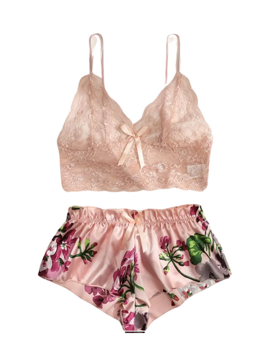 Pale Blush Pink Top Floral Print Cheeky Shorts Set